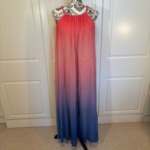 PHASE EIGHT gauzy lined flowing maxi dress - ombre pink/coral to mauve/blue sz12